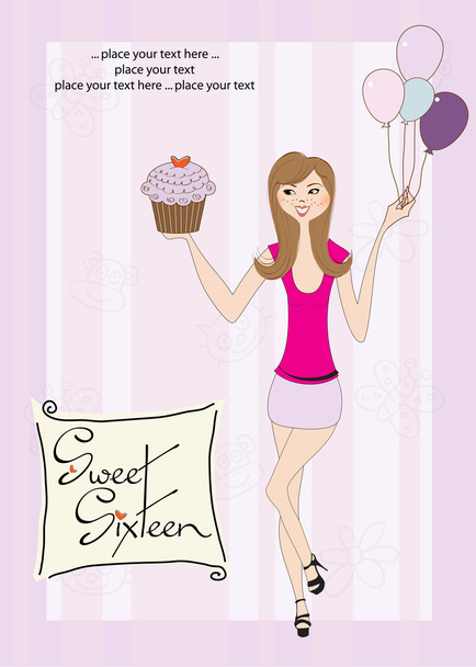 Sweet Sixteen Birthday card with young girl - Vector, Image