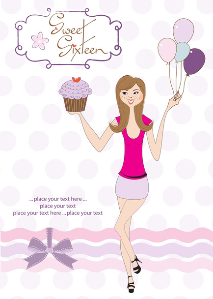 γλυκό δεκαέξι γενέθλια κάρτα με το νεαρό κορίτσι - Διάνυσμα, εικόνα