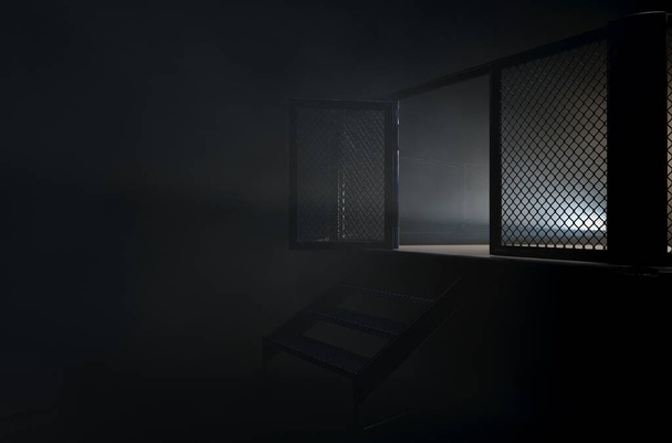 Ένας προβολέας που αναδεικνύει την πόρτα μιας αρένας κλουβιού μάχης MMA ντυμένη με μαύρη επένδυση σε σκούρο φόντο - 3D render - Φωτογραφία, εικόνα