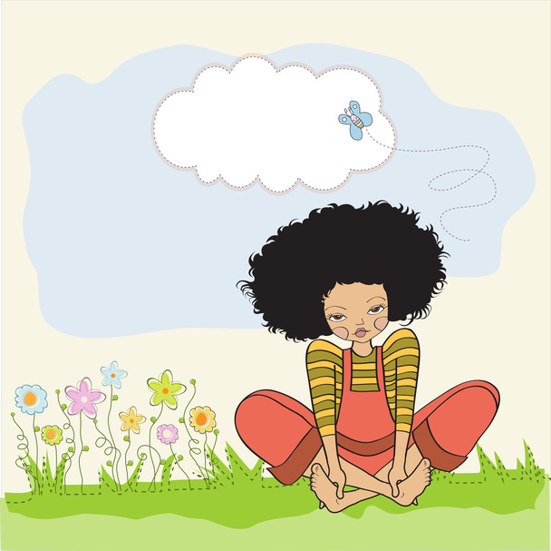 Romantic girl sitting barefoot in the grass - Vector, Image