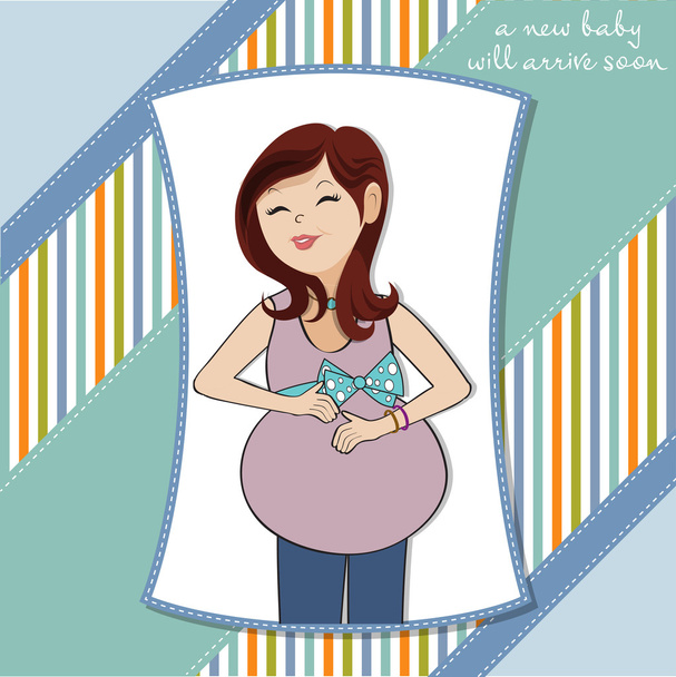 boldog terhes nő, baba zuhany kártya - Vektor, kép