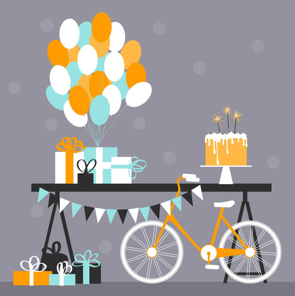 Geburtstagstorte mit bengalischen Lichtern. Süßes Buffet mit Luftballons und Geschenken. Desserttisch mit Fahrrad. Vektorillustration. - Vektor, Bild