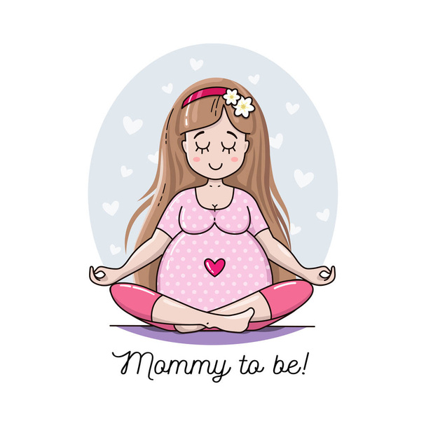 Cute Pregnant Calm Woman. Waiting for baby vector illustration. Happy beautiful mother to be. Pregnancy card Mommy to be. - Vector, Image