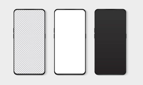 Realistic smartphone mockup set. Mobile phone blank, white, transparent screen design mock up. Isolated vector illustration - Vektori, kuva