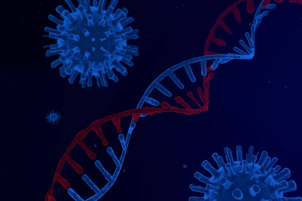 Virus close-up op een achtergrond van een DNA-helix, RNA en virus, - Foto, afbeelding