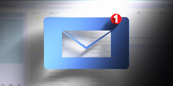 Email notification concept, one new inbox e mail, envelope with incoming message on blur laptop screen background. Alert popup bubble reminder. 3d illustratio - Photo, Image