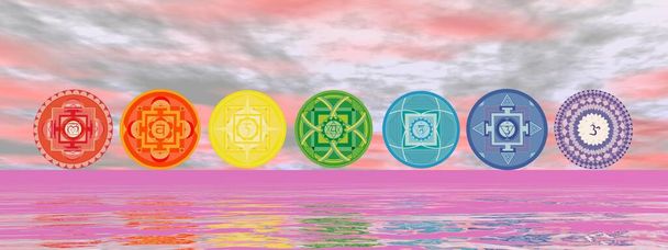 Sieben Chakra-Symbole auf der Horizontlinie - 3D-Renderer - Foto, Bild