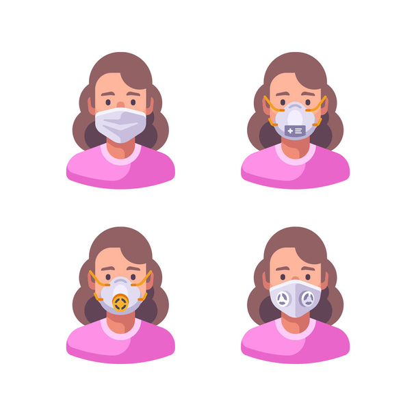 Woman in different types of face masks. Medical character set flat illustration. Virus prevention icons. - Vektor, kép