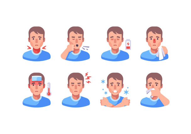 Man with different flu symptoms. Medical character collection. Coronavirus symptoms icon set. - ベクター画像