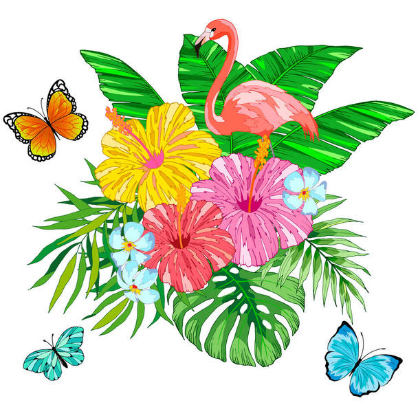 vector illustration, tropical plants, flamingos and butterflies, isolate on a white background, for different design - Vecteur, image
