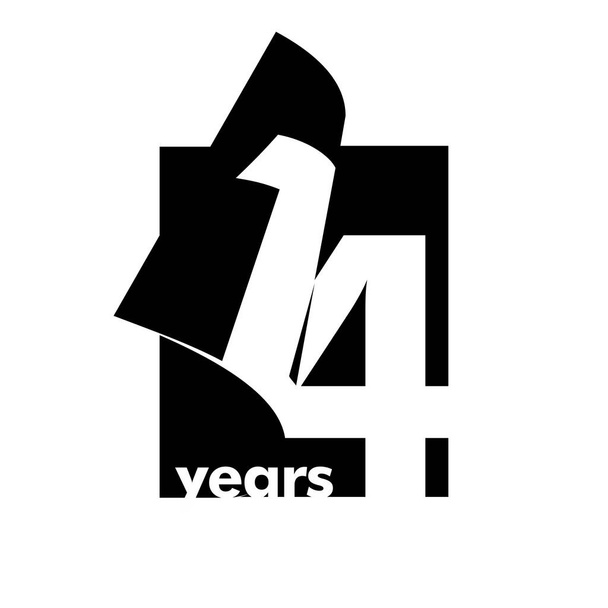 Isolated abstract logo 14 years. In the form of an open book, magazine. Happy greeting card for the 14th birthday. Black color writing on white background. - Vector, Image