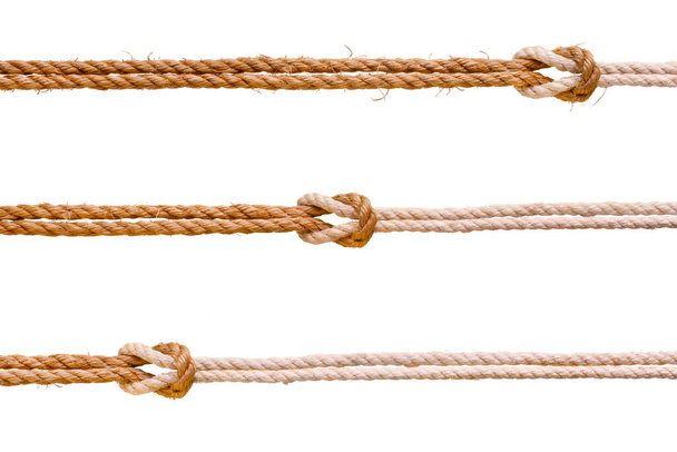 Three rough ropes with reef knot set. Isolated on white - Foto, Imagen