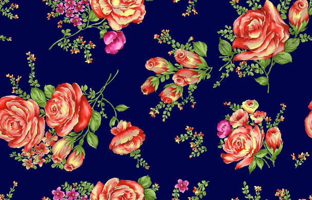 Nahtloses Muster mit Frühlingsblumen und Blättern. Handgezeichneter Hintergrund. Blumenmuster für Tapeten oder Stoff. Blume stieg. Botanische Fliesen. - Foto, Bild