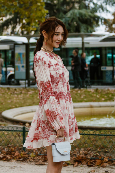 PARIS, FRANCE - SEPTEMBER 26, 2019: Elva Ni before CHLOE fashion show at Paris Fashion Week Spring/Summer 2020. - Фото, изображение