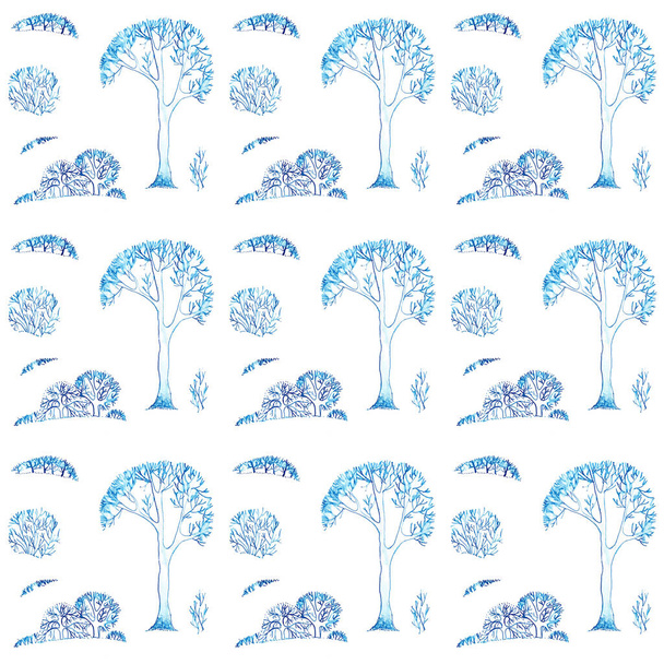 Monochrom konturlineare Zeichnung Winterlandschaft in Blau auf weißem Hintergrund - Foto, Bild