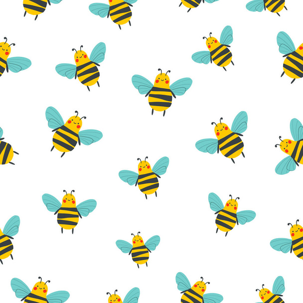 Handgezeichnete flache süße Insektensammlung. Nahtloses Muster mit Bienen oder Wespen. Cartoon Vektor Biene oder Wespe Illustration für kindliche Dekoration Kleidung, Muster, Aufkleber, Karten, Stoff, Textil - Vektor, Bild