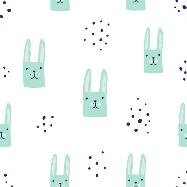 Flat Seamless pattern with cute hand drawn dots and rabbit or bunny. Cartoon vector woodland illustration for childish decoration clothes, patterns, stickers, cards, fabric, textile - Vetor, Imagem
