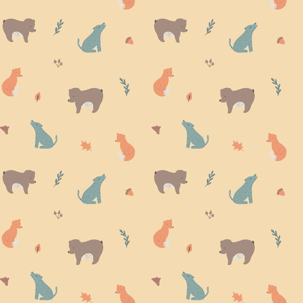 Seamless pattern with hand drawn woodland animals. Cartoon bear, wolf, fox.Creative childish background. Perfect for kids apparel, textile, nursery decoration, wrapping paper. Flat Vector Illustration - Vector, Image