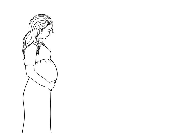 概要妊娠中の女の子。白地に描かれた手描きベクトルイラスト。妊婦さん。出生前の概念。ベーブとママのケア - ベクター画像