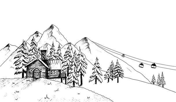 Χειροποίητο σκίτσο του χιονοδρομικού κέντρου. Vector βουνά, χαριτωμένο ξύλινο σπίτι, δάσος χειμώνα τοπίο εικονογράφηση. Εξοχική καλύβα για σκι αναψυχής, snowboard sports. Σχεδίαση μελανιού σε λευκό φόντο - Διάνυσμα, εικόνα