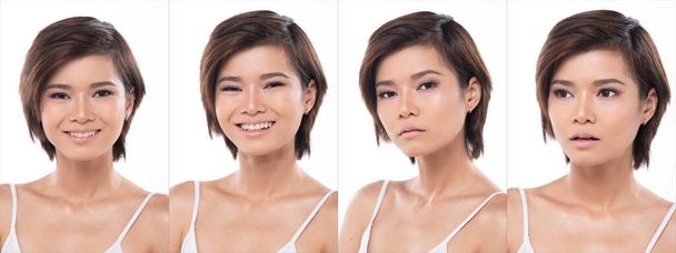 "Portrait Face close up", "Asian Woman" одягнена у біле чорняве коротке волосся 20-х років, різниця виражає посмішку сердитого сильного, студійного освітлення білого фону ізольованої групи колажів. - Фото, зображення