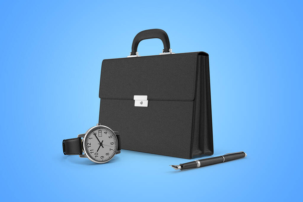Porte-documents et montre en cuir noir avec stylo sur fond bleu isolé.Concept d'entreprise réussi
. - Photo, image