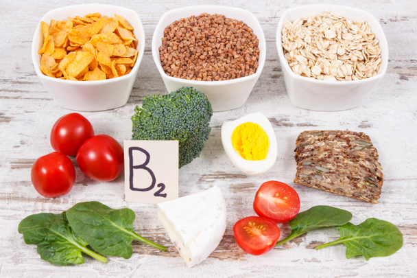 Nutritious ingredients containing vitamin B2, dietary fiber and minerals, healthy nutrition concept - Photo, Image