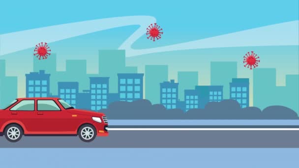 Coronavirus parçacıklarıyla yol kenti manzarasında kırmızı araba - Video, Çekim