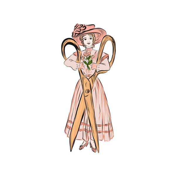  Naaister houdt schaar en bloemen vast. Vrouw gekleed in lange jurk en brede rand in vintage stijl - Vector, afbeelding