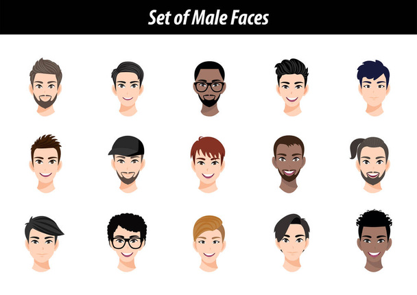 Set of male face avatar portraits isolated on white background. International men people heads flat vector illustration.  - Vector, Imagen