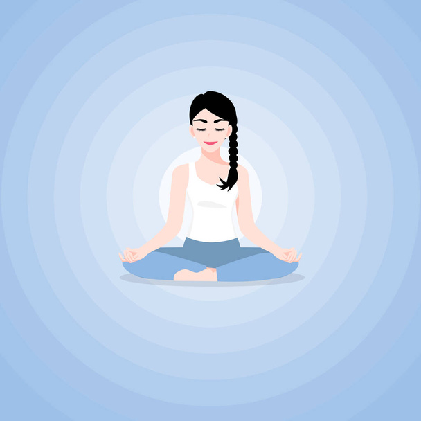Eine schöne junge Zeichentrickfigur im Yoga-Lotus praktiziert Meditation. Praxis des Yoga. Vektorillustration - Vektor, Bild