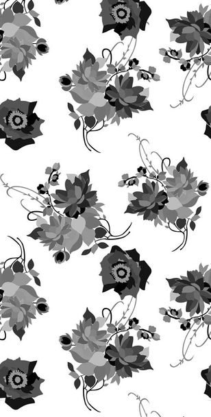 Motivo floreale senza cuciture con fiori e foglie diverse. Illustrazione botanica in bianco e nero dipinta a mano. Stampa tessile, campione di tessuto, carta da imballaggio
. - Foto, immagini