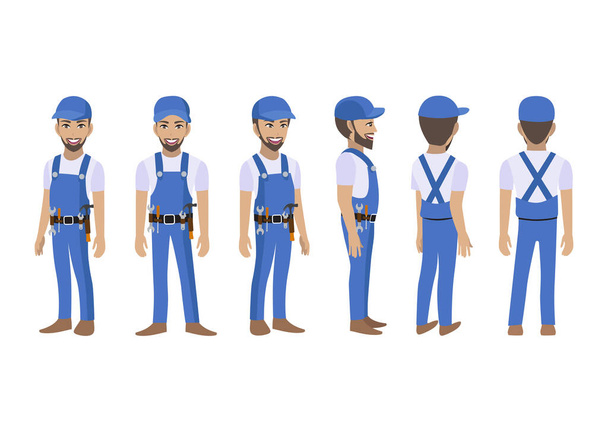 Engineer , technician, builders and mechanics cartoon character for animation. Front, side, back, 3-4 view character. Flat vector illustration - Вектор,изображение