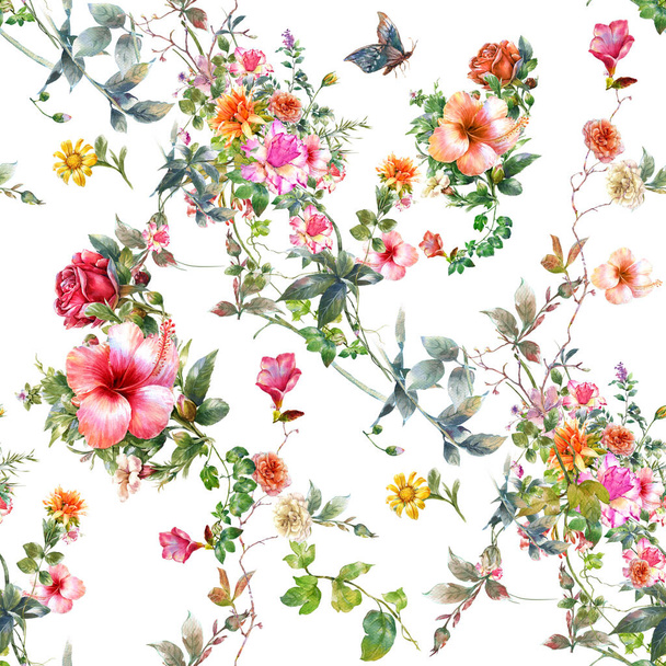 Watercolor painting of leaf and flowers, seamless pattern on white background - Photo, image