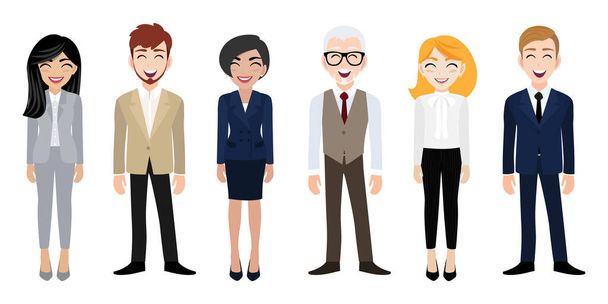 Glücklicher Arbeitsplatz mit lächelnden Männern und Frauen als Zeichentrickfigur in Bürokleidung  - Vektor, Bild