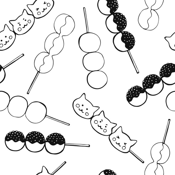 Nahtloses Muster mit japanischen Desserts, Süßigkeiten Dango. Handgezeichnete Vektorillustration im Skizzenstil. Perfekt für Grußworte, Einladungen, Herstellung von Packpapier, Textil- und Webdesign. - Vektor, Bild