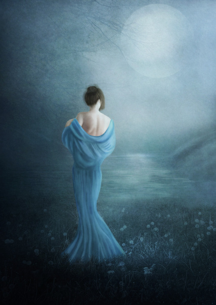 The young girl and the blue moon - Photo, Image