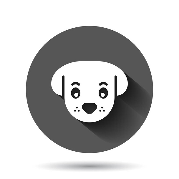 Dog head icon in flat style. Cute pet vector illustration on black round background with long shadow effect. Animal circle button business concept. - Wektor, obraz