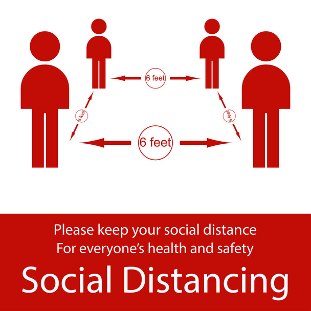 アイコンの人々の概念社会的距離は他の人とは別に6フィートの滞在、社会的距離を強制するために配置された実践、ベクトル図  - ベクター画像