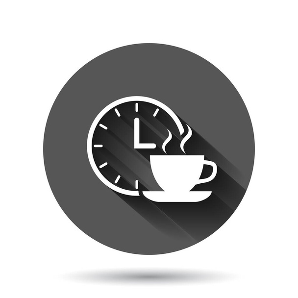 フラットスタイルのコーヒーブレイクアイコン。長い影効果と黒のラウンドの背景にティーカップベクトルイラストと時計。朝食タイムサークルボタンビジネスコンセプト. - ベクター画像