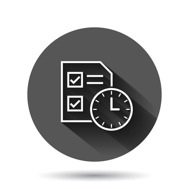 Contract time icon in flat style. Document with clock vector illustration on black round background with long shadow effect. Deadline circle button business concept. - Vector, Image