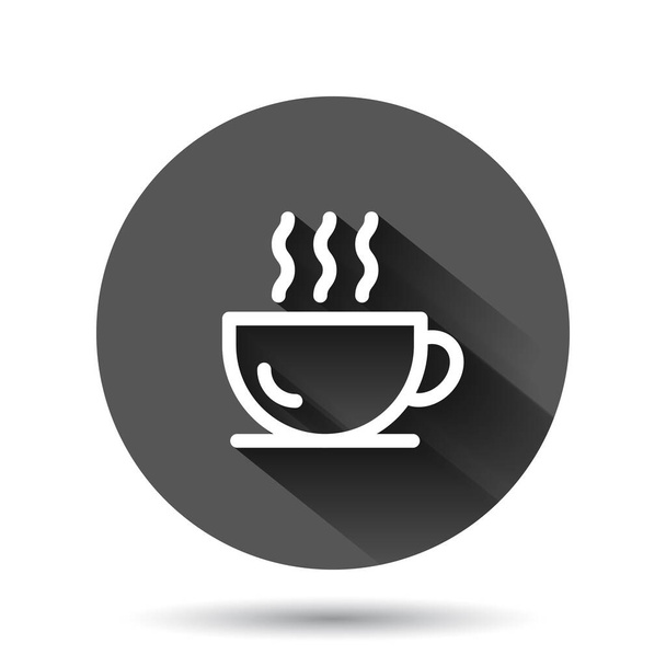 Koffiecup pictogram in platte stijl. Hete thee vector illustratie op zwarte ronde achtergrond met lange schaduw effect. Drink mok cirkel knop business concept. - Vector, afbeelding