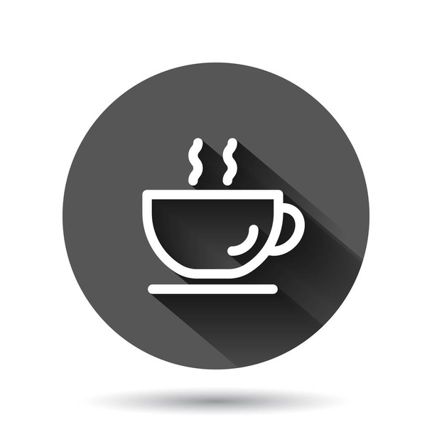 Coffee cup icon in flat style. Hot tea vector illustration on black round background with long shadow effect. Drink mug circle button business concept. - Wektor, obraz
