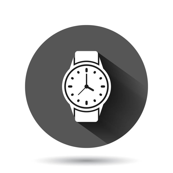 Armbanduhr-Symbol im flachen Stil. Zeituhr-Vektordarstellung auf schwarzem, rundem Hintergrund mit langem Schatteneffekt. Zeitarmband Kreis-Taste Geschäftskonzept. - Vektor, Bild