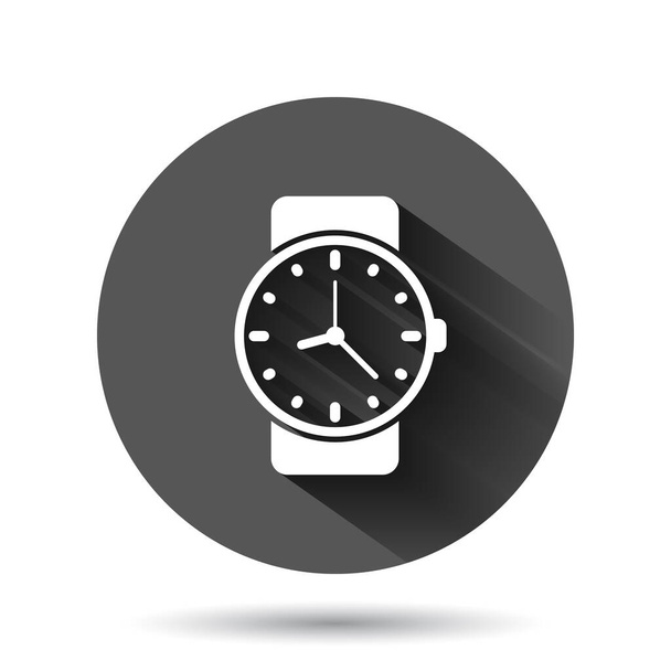 Wrist watch icon in flat style. Hand clock vector illustration on black round background with long shadow effect. Time bracelet circle button business concept. - Vector, Image