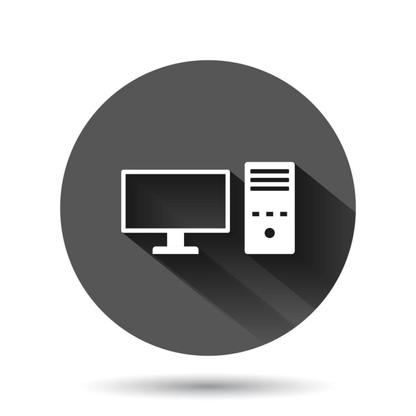 PC-Ikone im flachen Stil. Desktop-Vektor-Illustration auf schwarzem, rundem Hintergrund mit langem Schatteneffekt. Gerät überwacht Kreis-Taste Geschäftskonzept. - Vektor, Bild