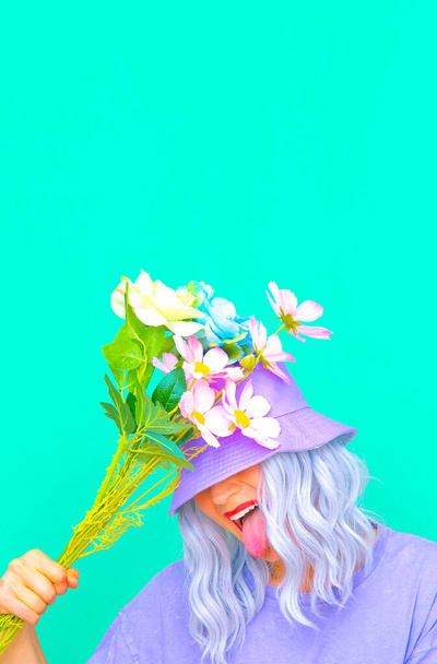 Playful Positive summer girl with flowers in trendy bucket hat.  Pastel colours design - Фото, изображение