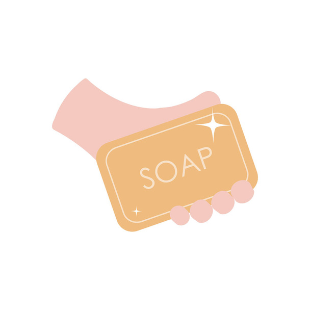ruka držící ikonu mýdlové tyče, plochý styl - Vektor, obrázek