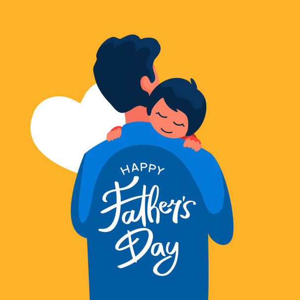 Papa houdt zijn kind vector platte illustratie met de hand belettering typografie tekst op zijn rug voor Happy father 's dag poster achtergrond template ontwerp - Vector, afbeelding