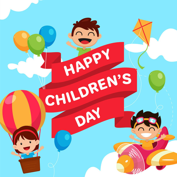 Happy Children's Day Poster Background vector design template. ribbon with a boy drive a plane and girl in the air balloon on the cloud sky scene flat illustration - Διάνυσμα, εικόνα